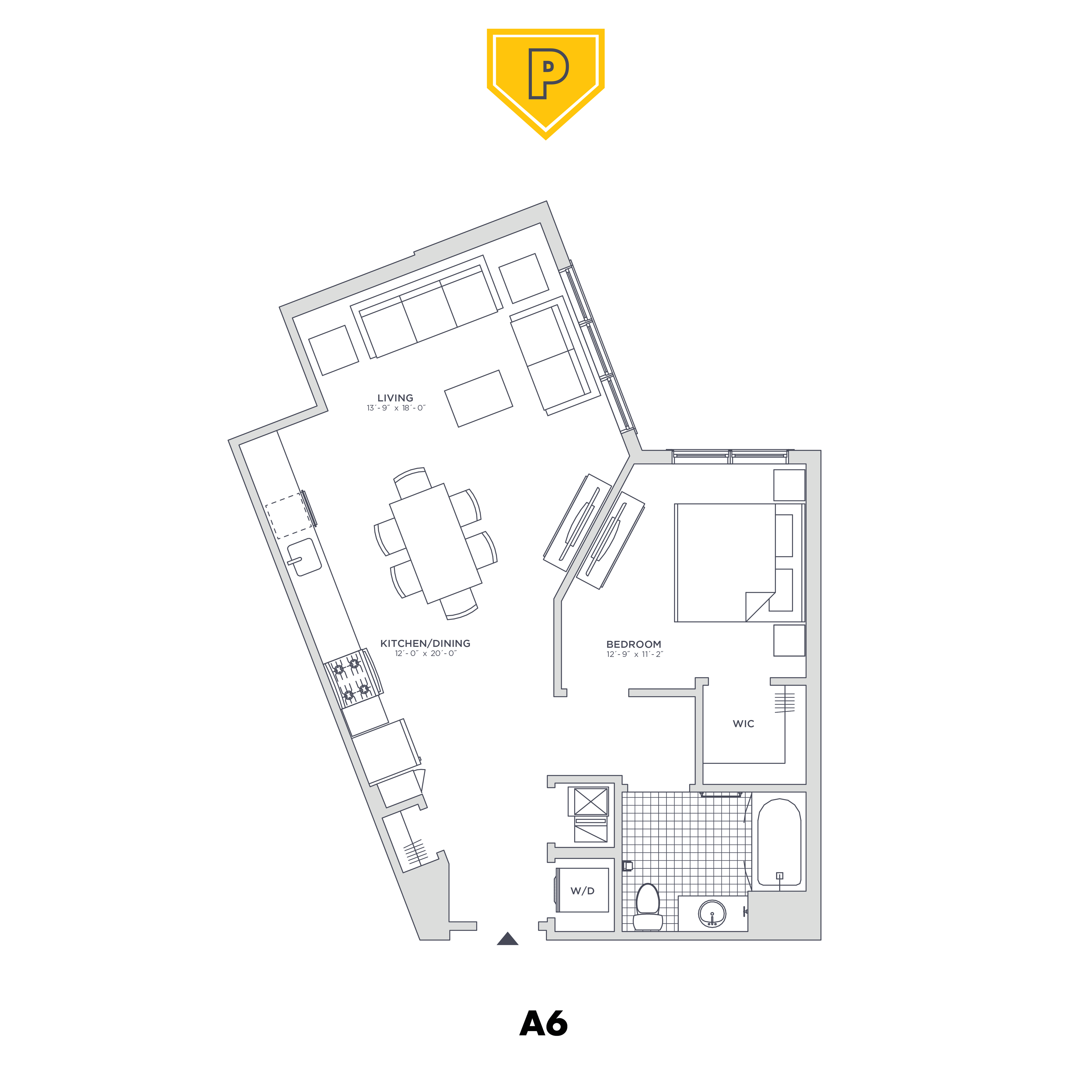 Floor plan for 1 bed, 1 bath, 784 sqft